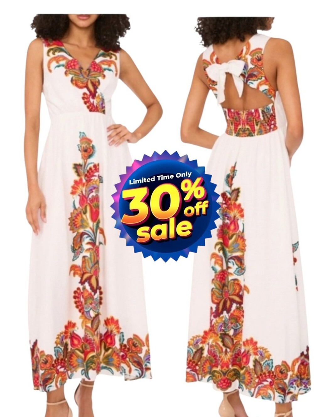 MSK Abstract Floral V-Neck Maxi Dress White Sleeveless Open Back Tie Bow sz L